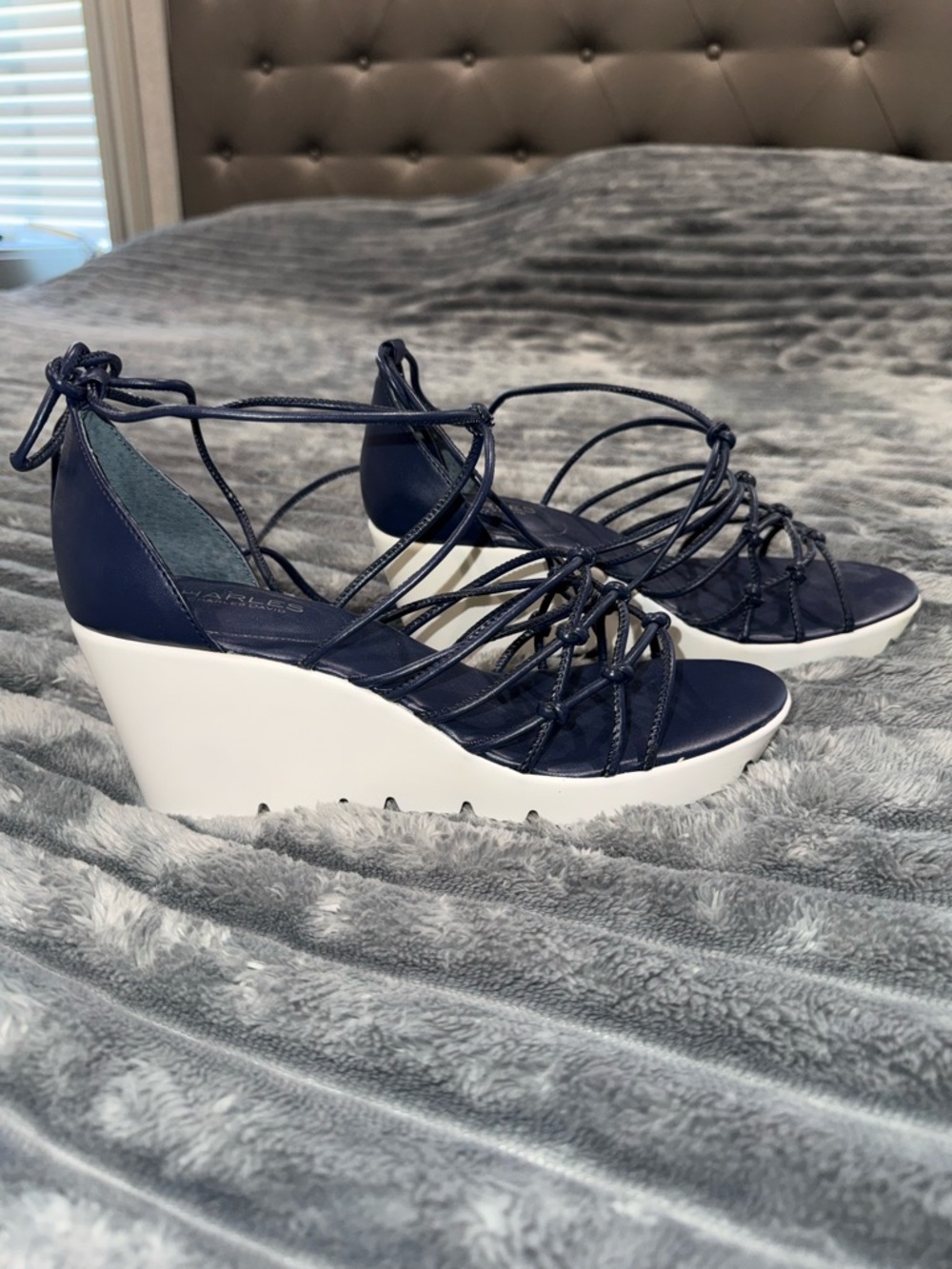 Charles David Navy Lace-Up Wedge Sandals - Women's Strappy Summer Shoes